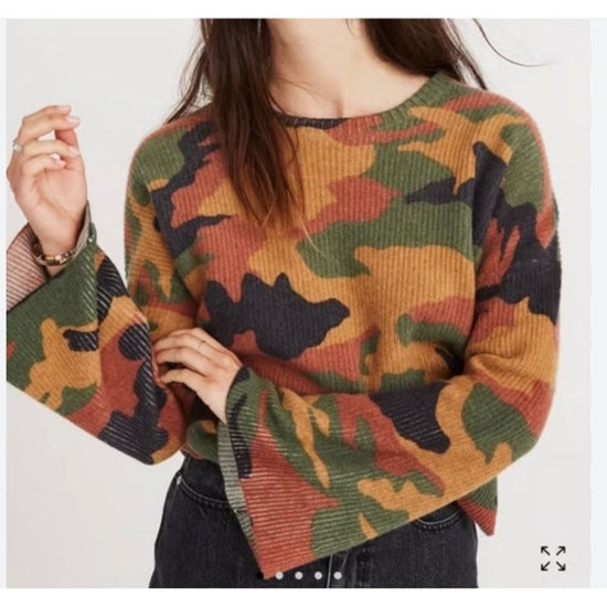 Madewell Disney Camo Sweater Hidden Mickey Collab Boxy Fit Bell Sleeve M