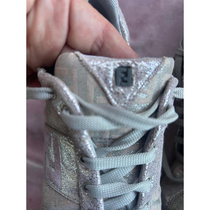 Fendi Zucca Monogram Metallic Silver Grey Low Top Sneakers  FF Logo