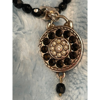 Brighton Silver Tone Black Bead Necklace Round Medallion Pendant Heart Clasp
