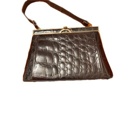 Vintage Brown Croc Embossed Structured Top Handle Bag Gold Frame