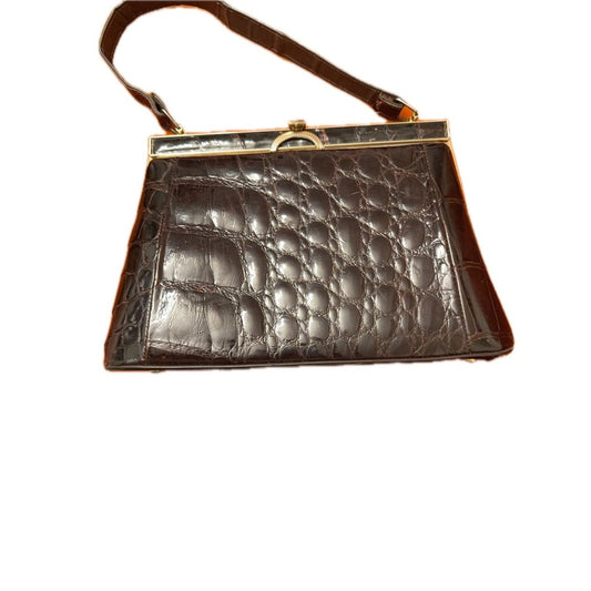 Vintage Brown Croc Embossed Structured Top Handle Bag Gold Frame