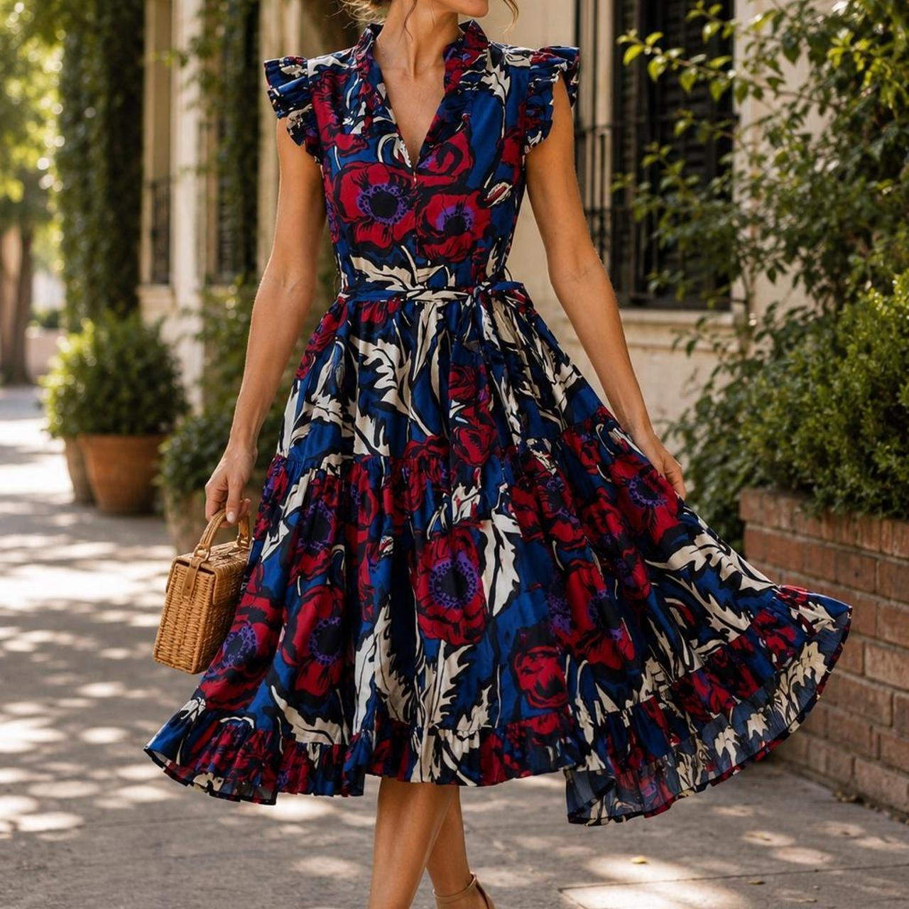 La DoubleJ Floral Women's Size S Blue Excellent Tiered Ruffle Midi Dress