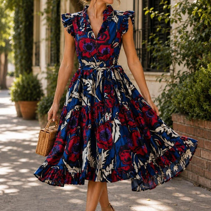 La DoubleJ Floral Women's Size S Blue Excellent Tiered Ruffle Midi Dress