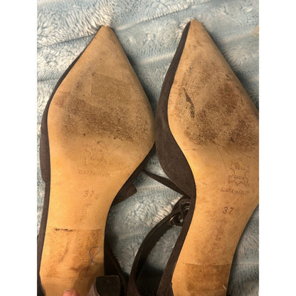 Manolo Blahnik Brown Suede Pointed Toe Lace Up Ankle Wrap Pumps Heels Size 37 EU