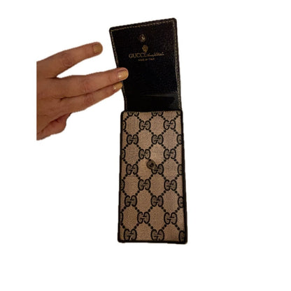 Gucci GG Monogram Canvas Leather Trim Card Holder Wallet Case Brown Beige