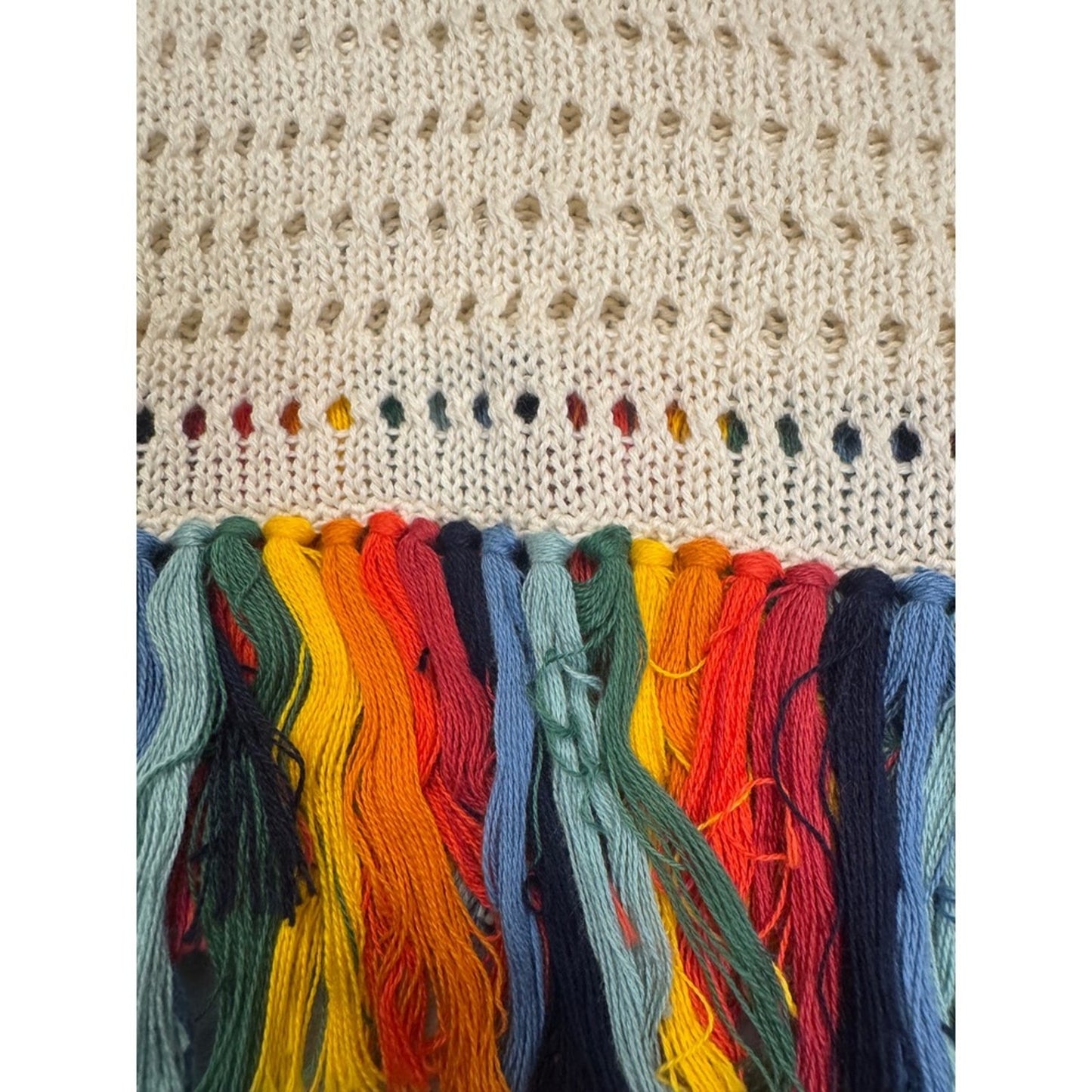 ESCVDO Carisa Crochet Fringe Hem Top Cream Multi Trim Knit Fest Boho – Size S