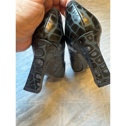 Stuart Weitzman Heels Black Crocodile Embossed Leather Pumps Square Toe