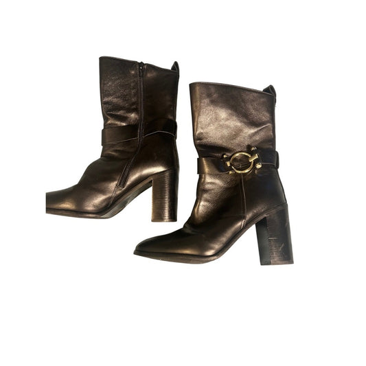 Davos Gomma Black Leather Mid-Calf Block Heel Boots Gold Buckle Italy 39