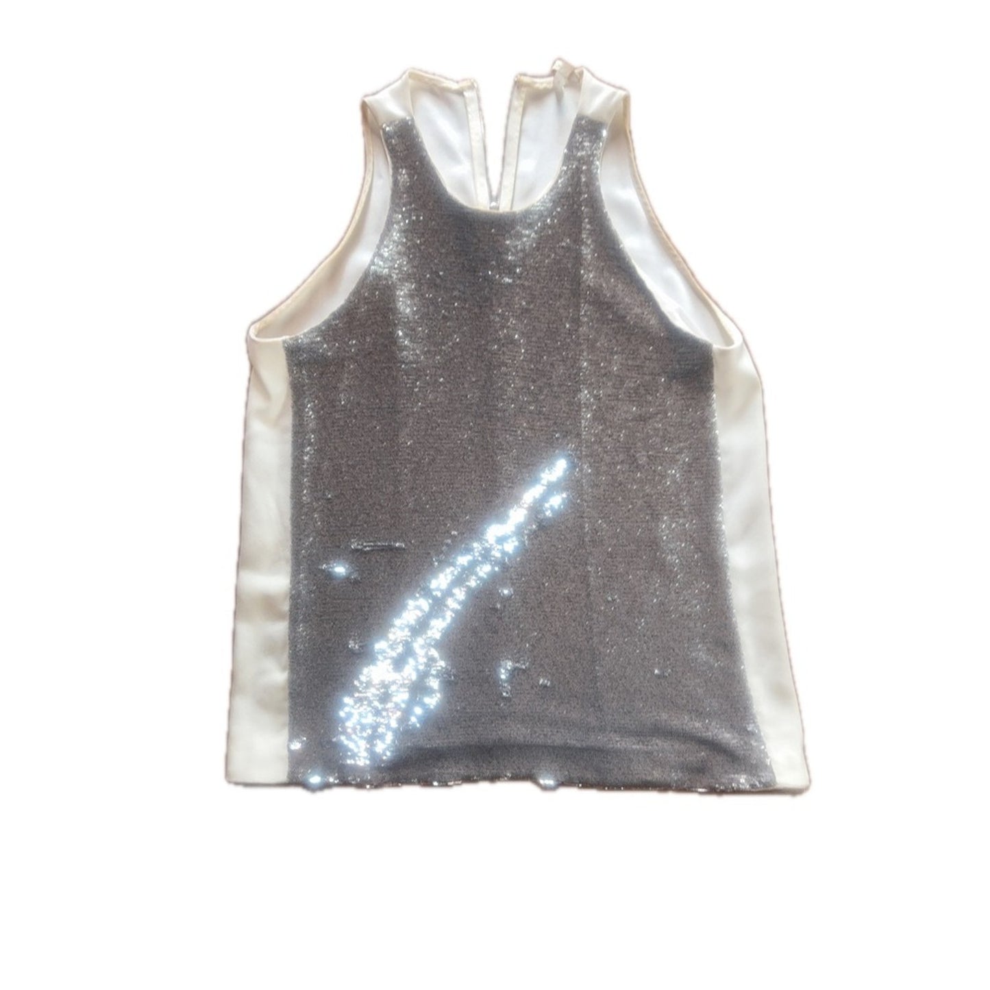 Maje Paris Silver Sequin Top with Satin Sides — Size 3 (US 8–10)