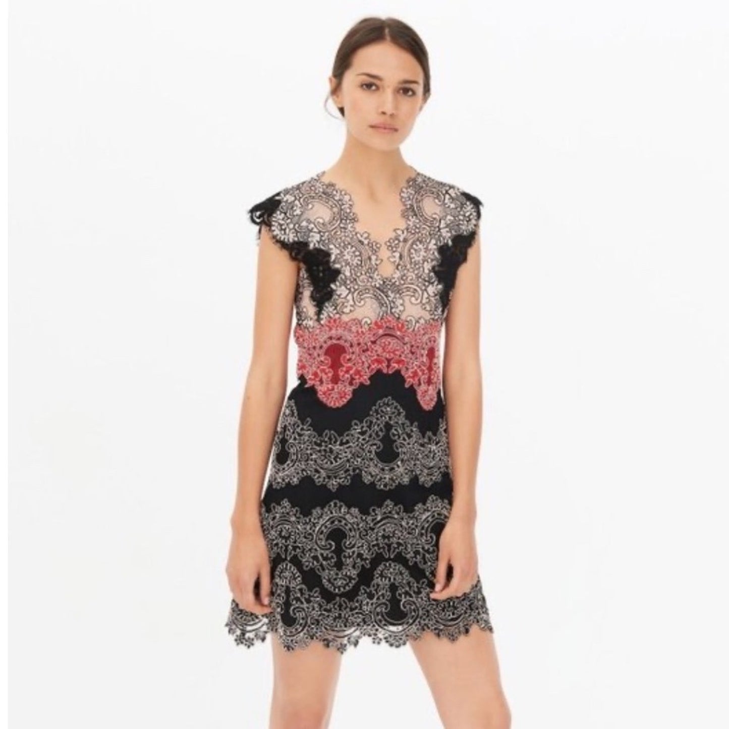 Sandro Paris Lace Overlay V Neck Dress Red Black Women's Size Small