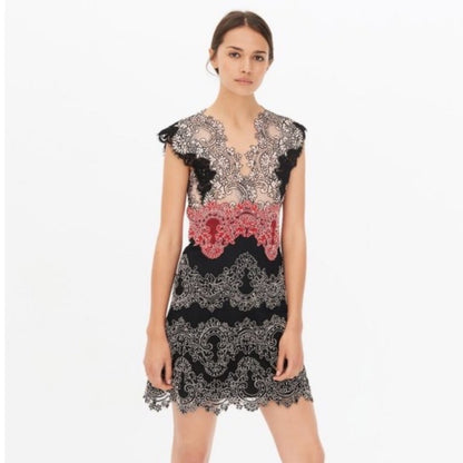 Sandro Paris Lace Overlay V Neck Dress Red Black Women's Size Small