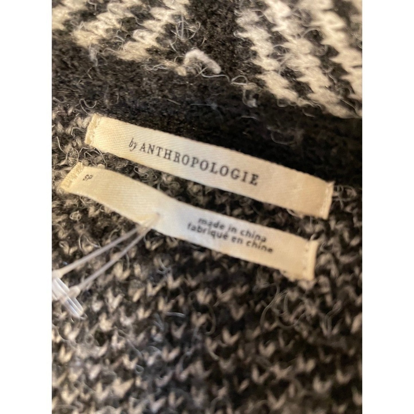 Anthropologie Plaid Long Open Front Knit Cardigan Jacket Black White size M