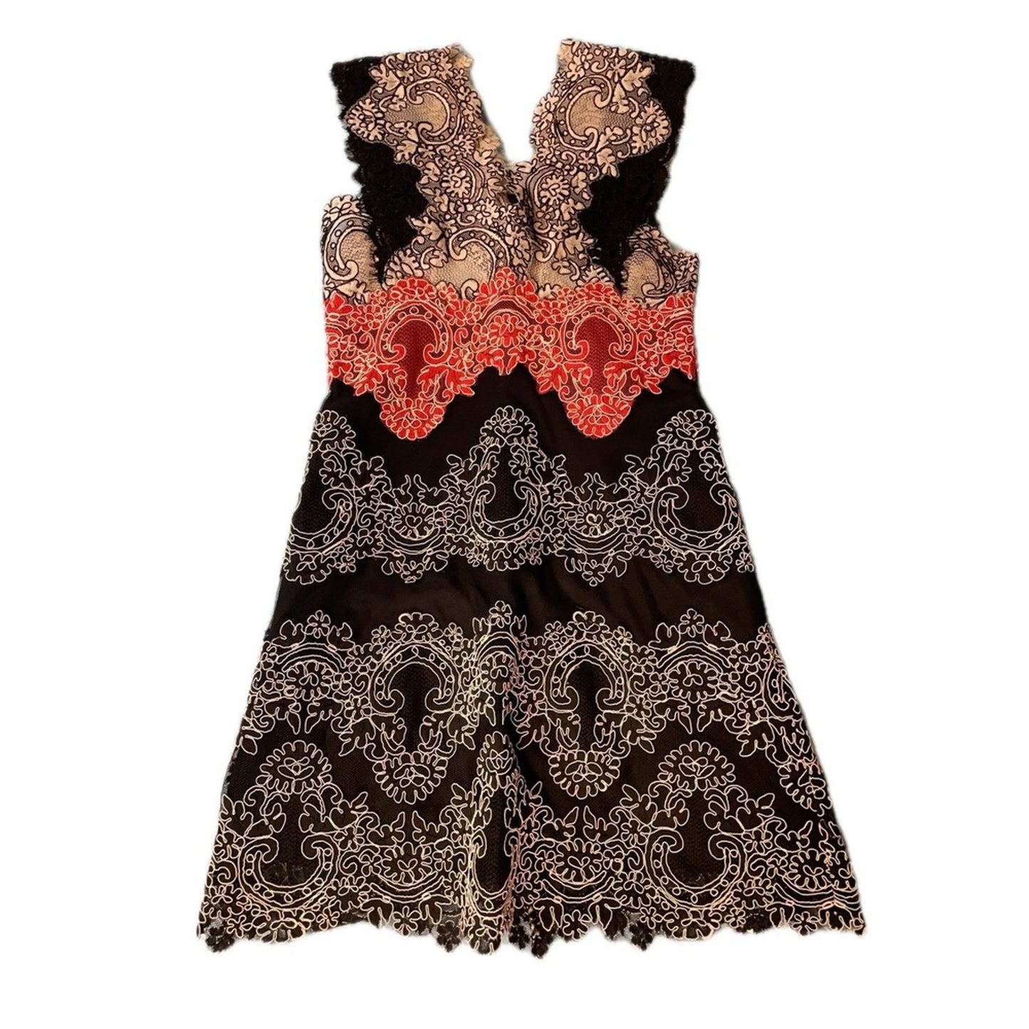 Sandro Paris Lace Overlay V Neck Dress Red Black Women's Size Small