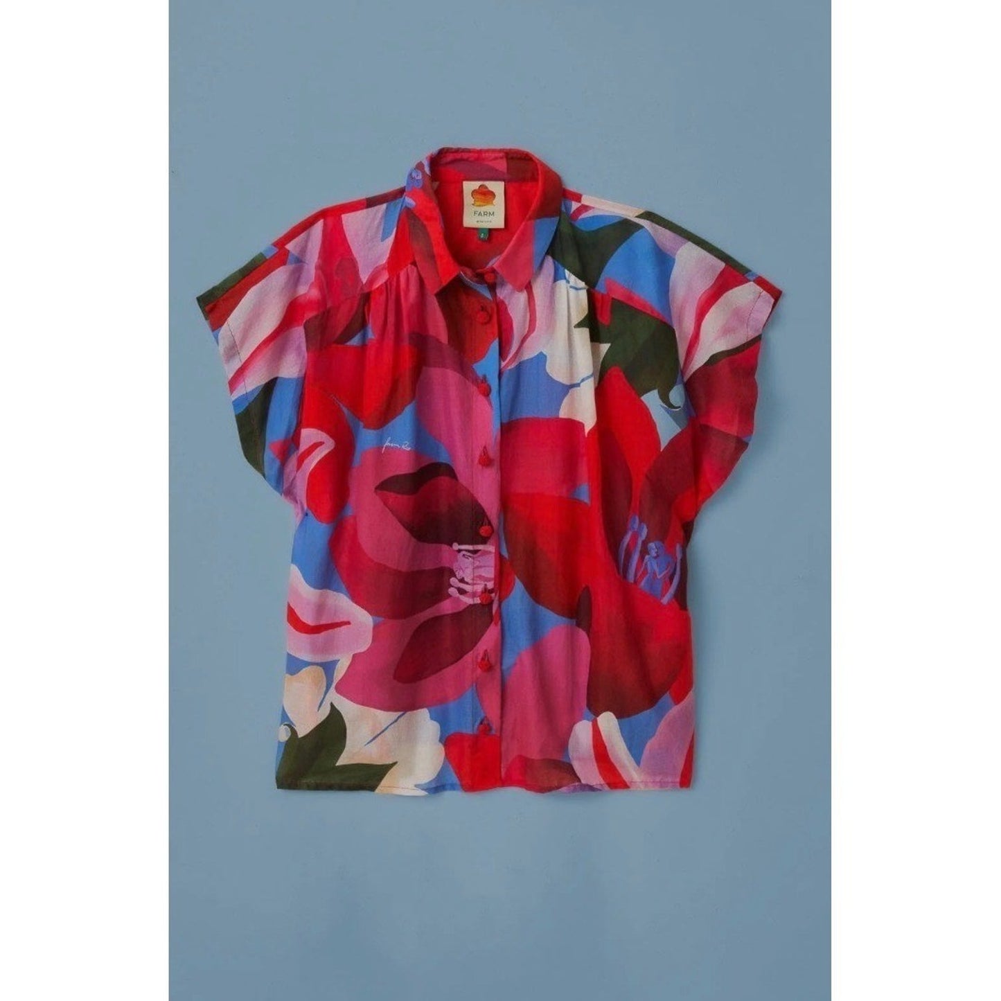 FARM RIO Button Front Blouse Red Pink Blue Floral Print Short Sleeve size S NWT