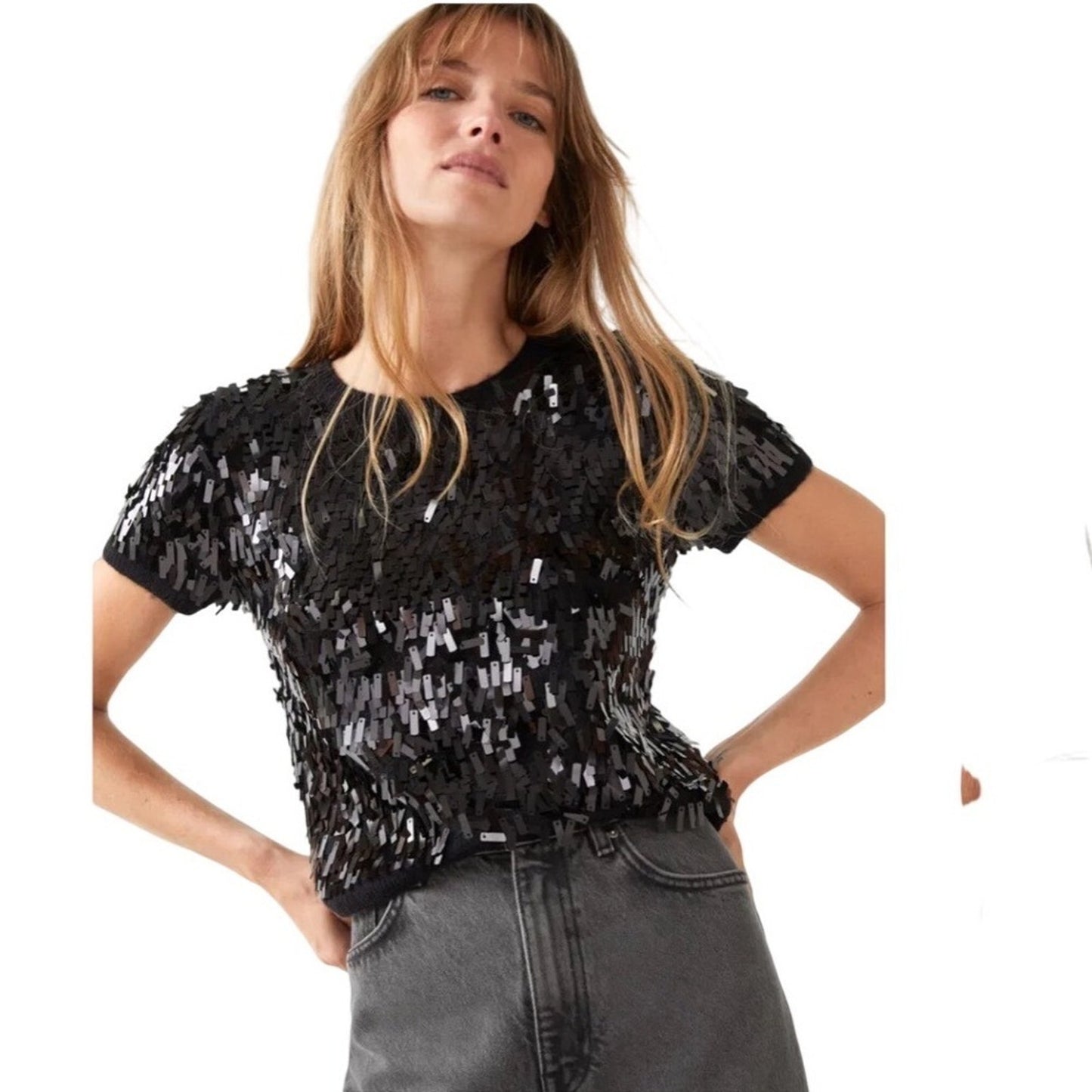 Other Stories Black Sequin Fringe Knit Sweater Top Short Sleeve Crew Neck size M