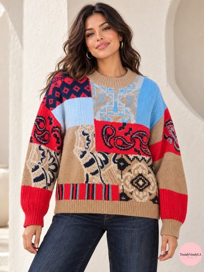 AI styling image: Anthropologie patchwork sweater on model