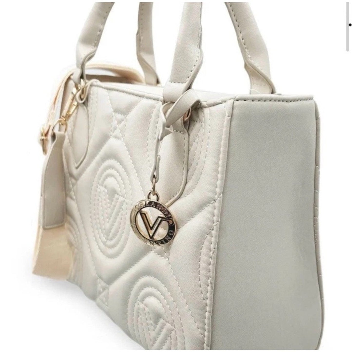 Valentino Orlandi Vegan Leather Quilted Tote Beige Gold Charm Top Handle NWT