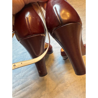 AK Anne Klein Burgundy Leather Ankle Strap Heel Pumps Shoes Women's Size 9M