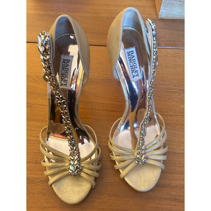 Badgley Mischka Gold Crystal T-Strap Stiletto Heels Womens 9.5 Formal Wedding