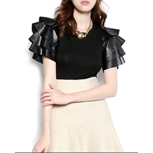 Gracia Black Faux Leather Ruffle Sleeve Top XL Statement Blouse Avant Garde