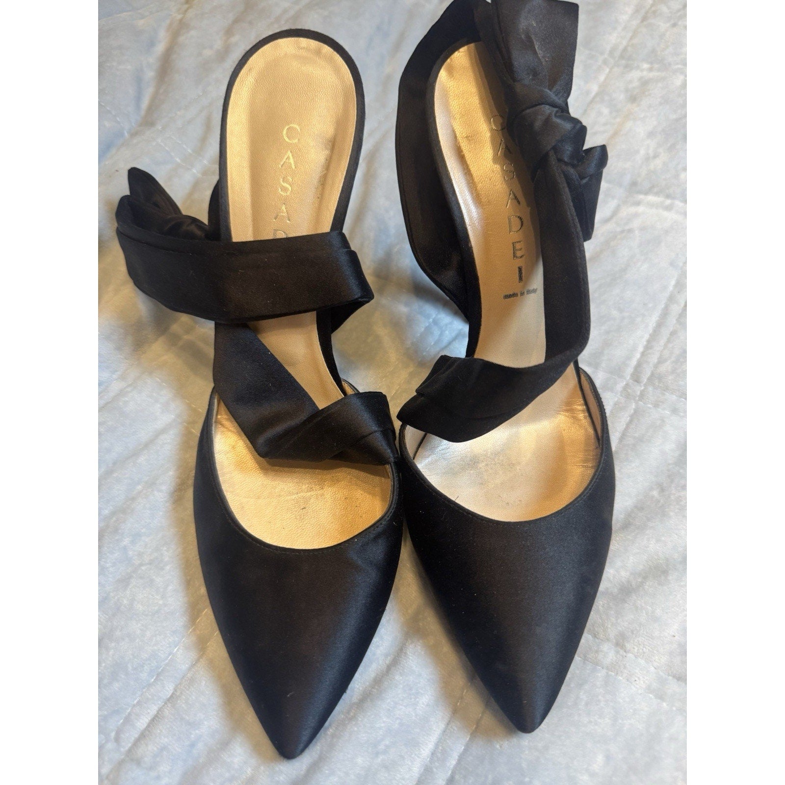 Casadei Black Satin Bow Pointed Toe Heels Made in Italy Size 6