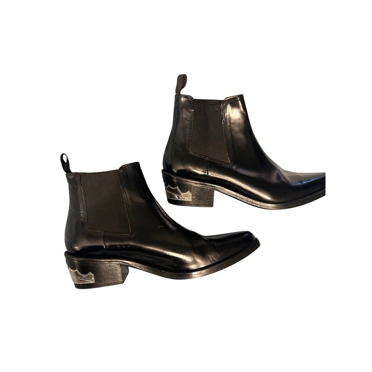 Toga Pulla Black Leather Chelsea Boots Women 38 Black Good Silver Heel Detail