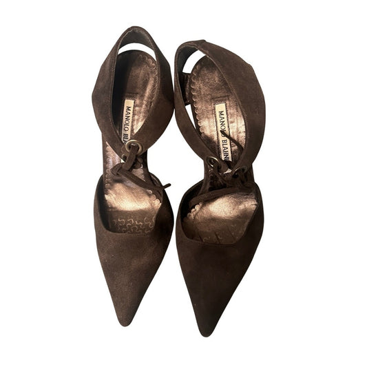 Manolo Blahnik Brown Suede Pointed Toe Lace Up Ankle Wrap Pumps Heels Size 37 EU