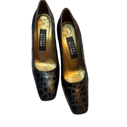 Stuart Weitzman Heels Black Crocodile Embossed Leather Pumps Square Toe