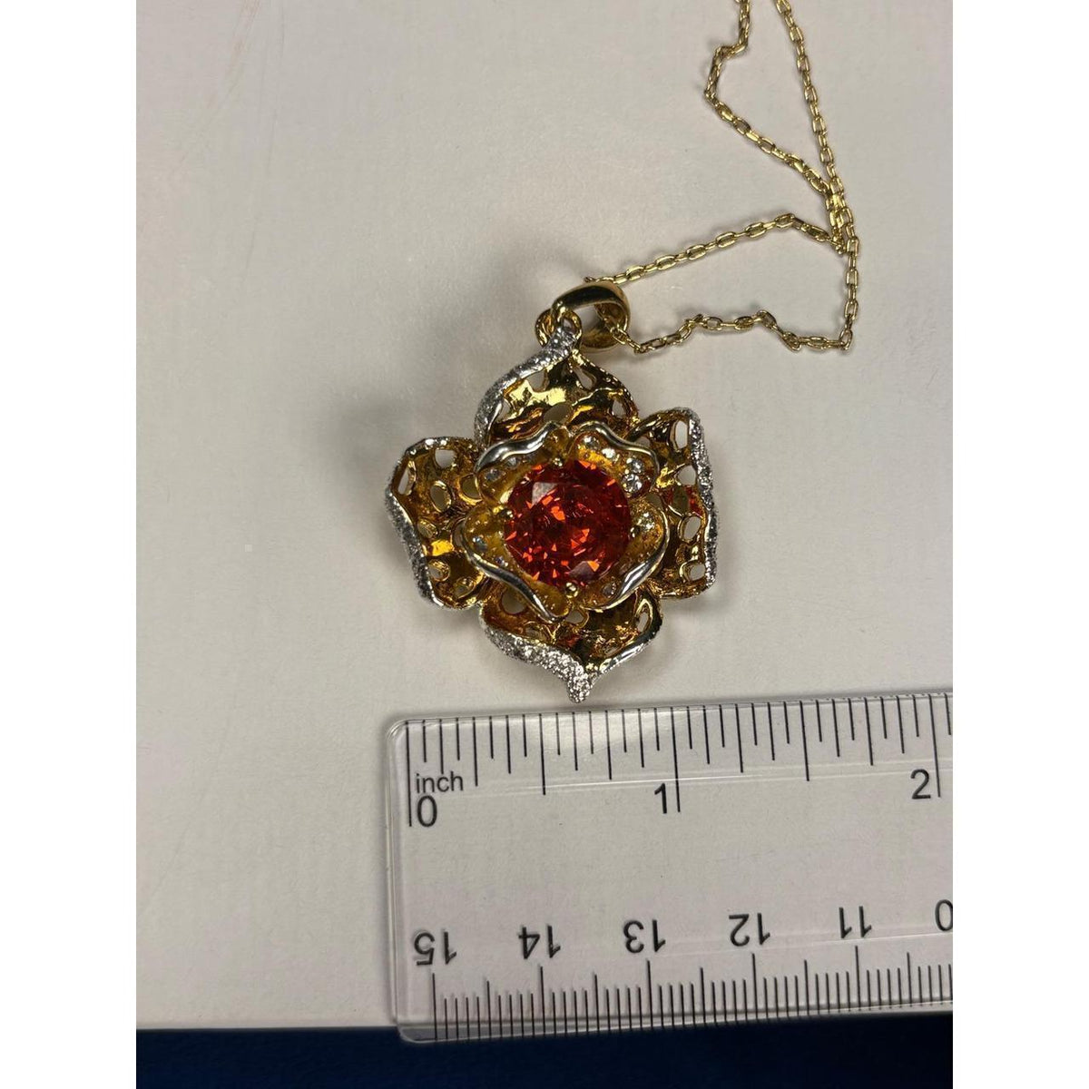 Gold-Tone Rose Pendant Necklace Orange Gem CZ Accents