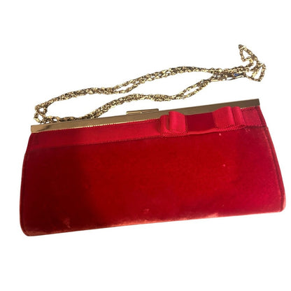 Banana Republic Red Velvet Evening Clutch Bag Silver Chain Strap Bow Detail