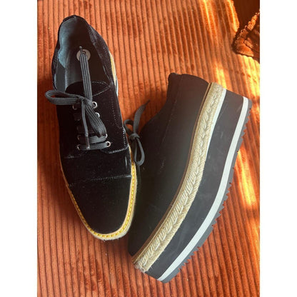 Prada Platform Oxfords Women's Size 8 Black Excellent Velvet Espadrille Trim