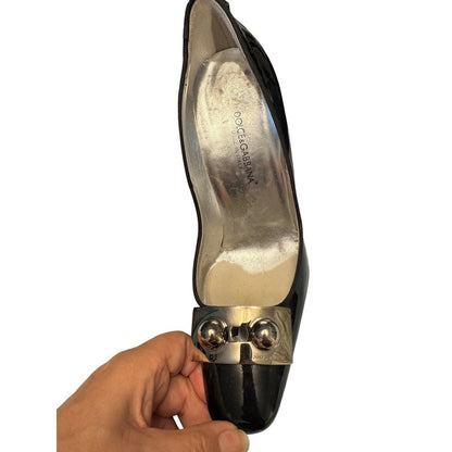 Dolce & Gabbana Pointed Toe Pumps Black Patent Leather Silver Heel Size 37