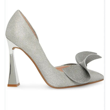Betsey Johnson Glitter Bow Heels Silver Metallic Glam Stiletto Pumps Size 9.5