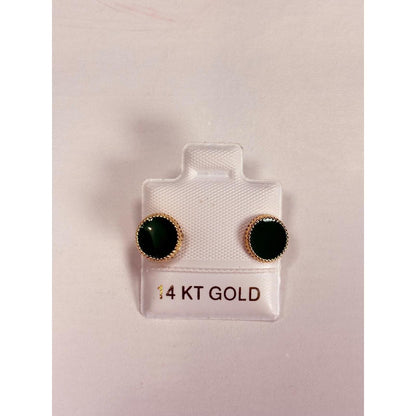 14K Gold Green Enamel Round Stud Earrings Beaded Edge