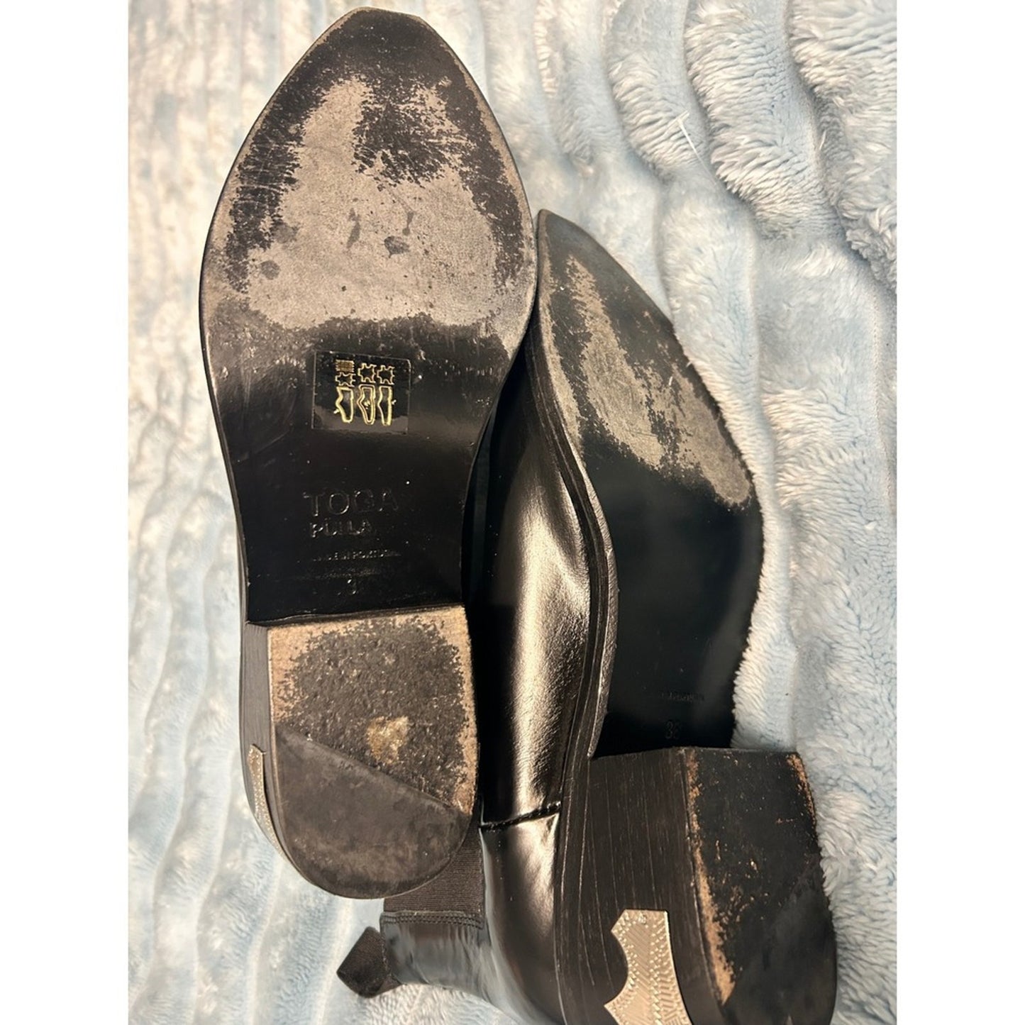 Toga Pulla Black Leather Chelsea Boots Women 38 Black Good Silver Heel Detail