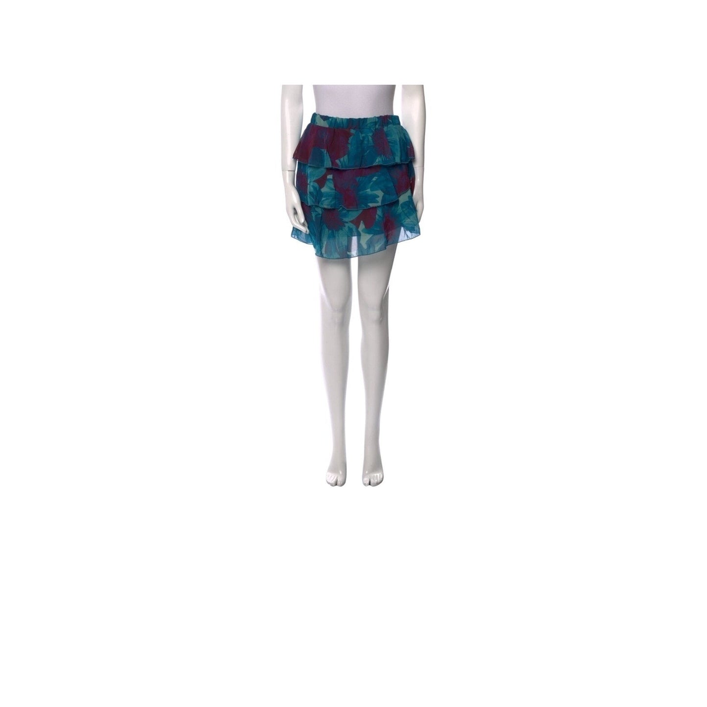 Ramy Brook Floral Print Ruffle Mini Skirt Teal Burgundy Size Medium