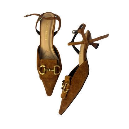 Cecconello Women's Pointed Toe Ankle Strap Suede Brown Heeled Pumps Size 9