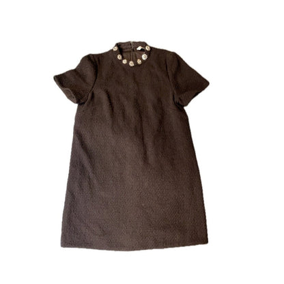 Other Stories Black Textured Short Sleeve Dress Embellished Collar
