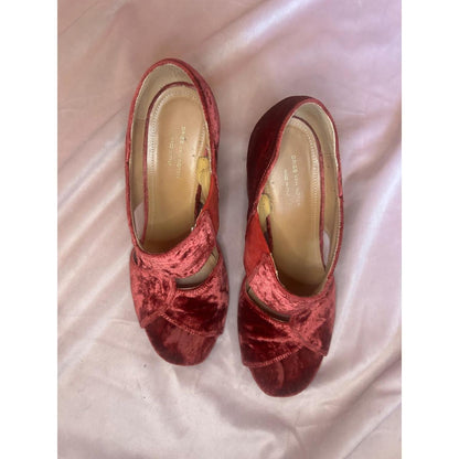 Dries Van Noten Burgundy Crushed Velvet Block Heel Sandals Peep Italy Size 39