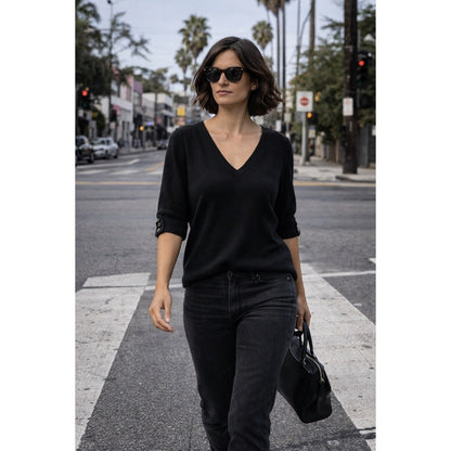 BURBERRY LONDON Womens Black  Modal Angora Blend V-Neck Top Size 44/ 10
