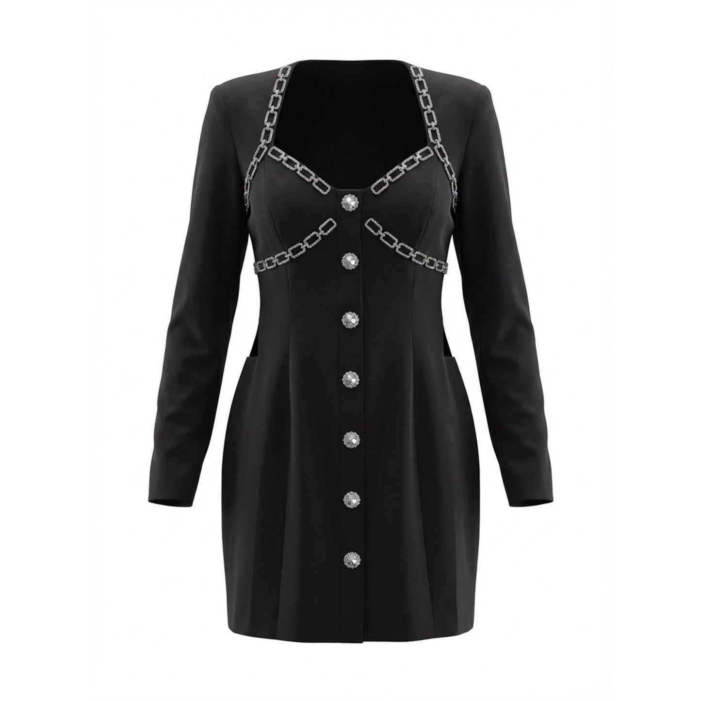 LAtiste Black Rhinestone Chain Embellished Button Front Dress