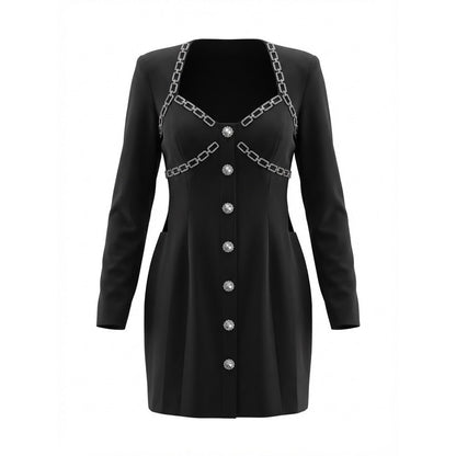 LAtiste Black Rhinestone Chain Embellished Button Front Dress