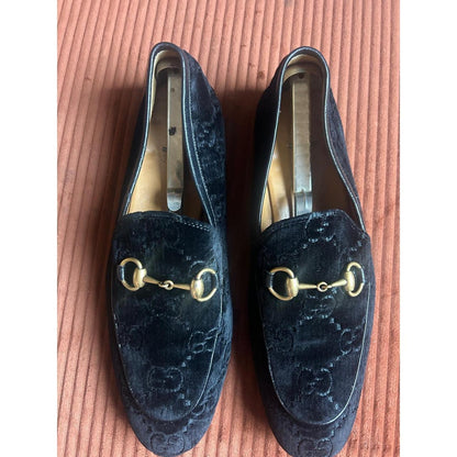 Gucci Jordaan Horsebit Loafers Black GG Monogram Velvet 430088 Mens 8