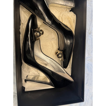 Dolce & Gabbana Pointed Toe Pumps Black Patent Leather Silver Heel Size 37