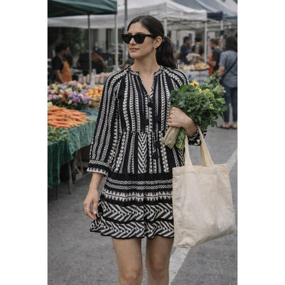 Maeve by Anthropologie Black White Aztec Print Tiered Tassel Dress XSmall