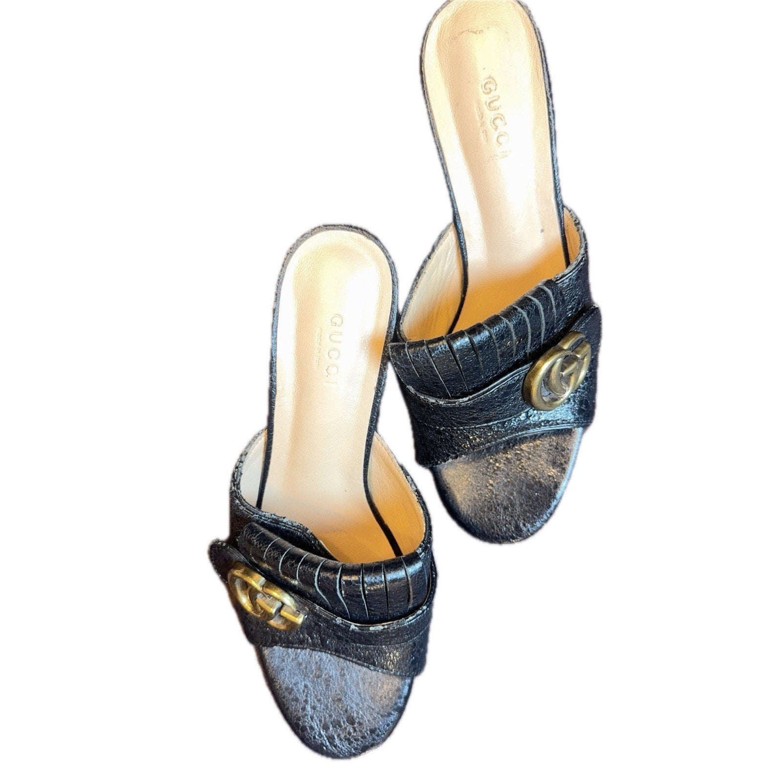 Gucci Marmont Black Crackle Leather GG Block Heel Mules Size 40 (US 10)