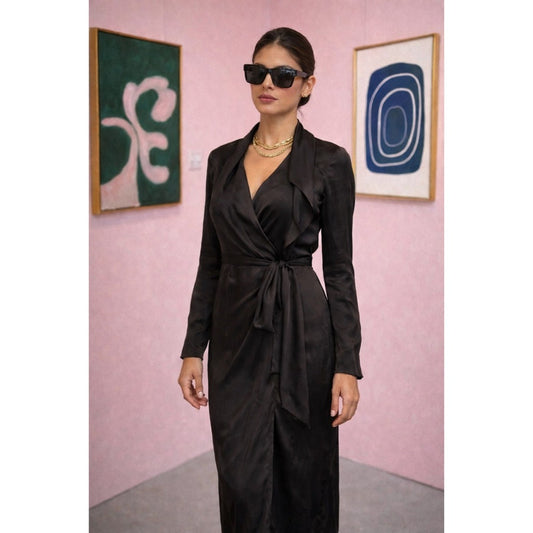 Vince 100 Silk Midi Wrap Dress Black Long  Sleeve size S/P