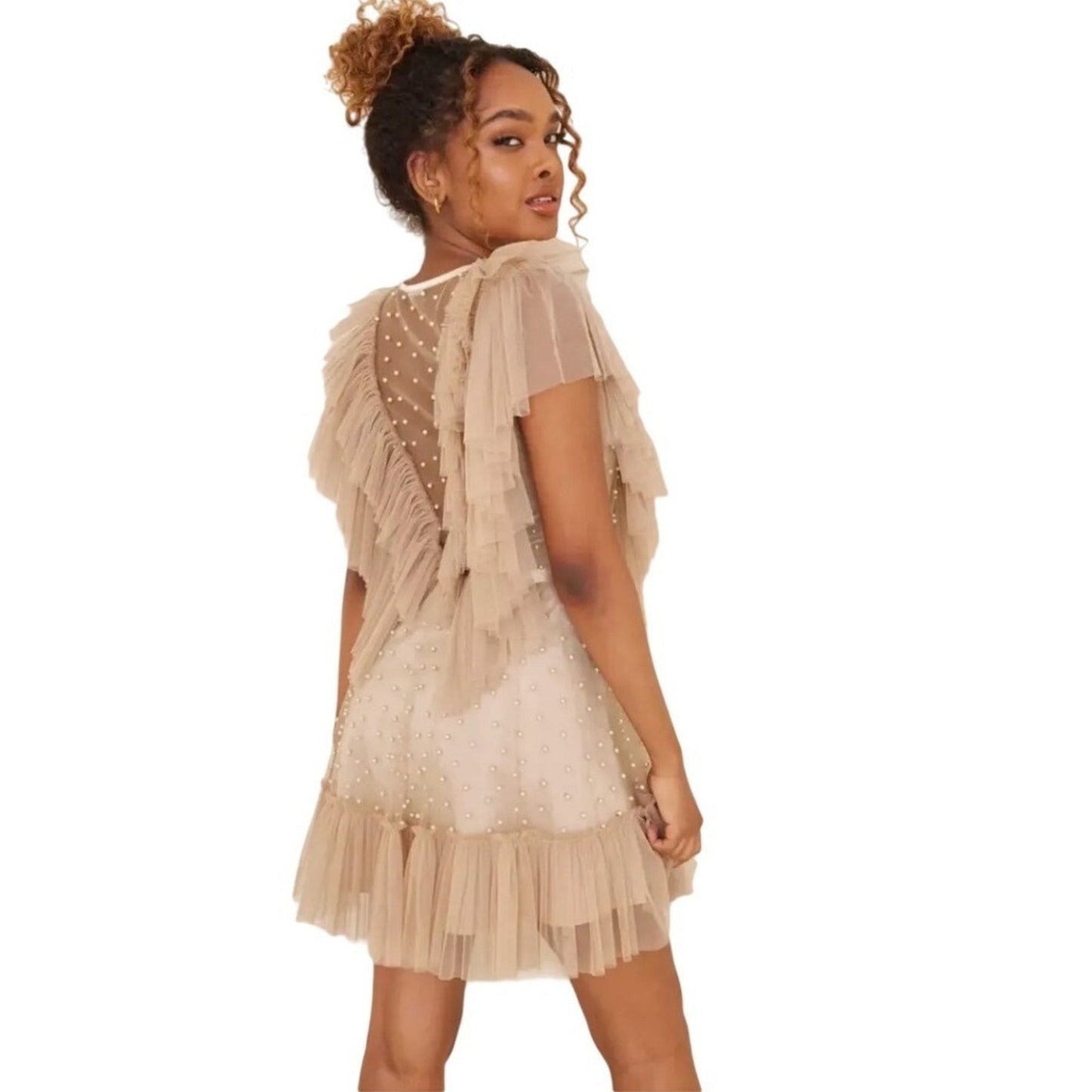 IDA SJÖSTEDT 039 Nathalie Dress Pearl Embellished Tulle Ruffle Mini Pink