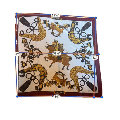 Hermes Parures de Samourais Silk Scarf Burgundy Gold Aline Honore 80cm Square