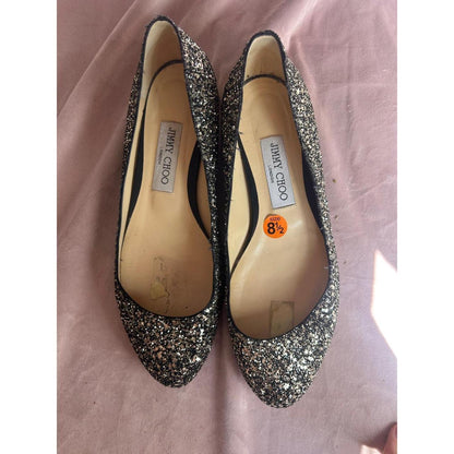 Jimmy Choo Genevi Star Coarse Glitter Toe Flats Gold Heel Black Silver 39